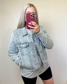 The perfect summer jean jacket! Classic trucker style with feminine twist. Light wash with light distressing. 100% cotton. Light Wash Denim Vest With Frayed Hem For Spring, Light Wash Cotton Denim Jacket With Frayed Hem, Light Wash Relaxed Fit Denim Jacket For Everyday, Medium Wash Everyday Denim Jacket, Trendy Relaxed Fit Faded Denim Jacket, Everyday Distressed Medium Wash Denim Jacket, Everyday Light Wash Distressed Denim Jacket, Casual Acid Wash Button-up Denim Jacket, Casual Relaxed Fit Faded Denim Jacket