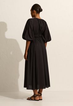 A comfortable and flattering midi style dress, featuring three-quarter length voluminous sleeves with elasticated hem, a deep V neckline featuring a single button and loop closure and inseam pockets at the hip to create ease and comfort. Perfectly paired with a strappy sandal for a summer's day. Voluminous Sleeves, Midi Dress Style, Knit Sweatshirt, Button Dress, V Neckline, Short Shirts, New Arrival Dress, Strappy Sandals, Top Dress