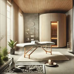 a spa room with an oval sauna