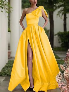 A-Line One-Shoulder Sweep Train Satin Prom Dresses For Black girls With Leg Slit Yellow Evening Dresses, Cheap Prom Dresses Long, One Shoulder Prom Dress, Prom Dresses Yellow, Prom Dresses With Pockets, Simple Prom Dress, Custom Prom Dress, Floor Length Prom Dresses, Yellow Satin