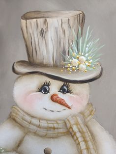 a painting of a snowman wearing a hat and scarf with flowers on it's head