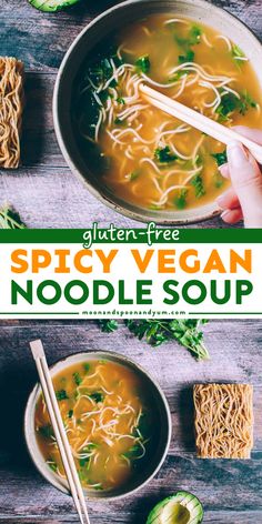 Want more easy winter recipes? Turn to this hearty dinner recipe for a homemade soup! It's a cozy winter meal for ramen pho. Not only are these Spicy Vegan Noodle Soup yummy comfort food, but they are also dairy-free, gluten-free, nut-free, and soy-free! Soup With Ramen Noodles, Vegan Broth, Vegan Noodle Soup, Ramen Pho, Gluten Free Family Meals, Easy Winter Recipes, Easy Comfort Food Dinners, Easy Ramen, Pho Recipe