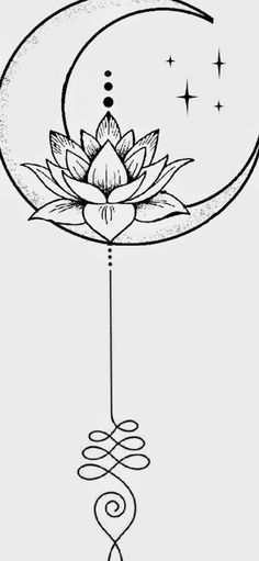 a drawing of a lotus flower and crescent with the moon in the sky above it