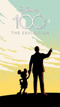 the poster for disney's 100th anniversary is shown with mickey and pluto in silhouette