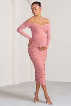 Neva Blush Bardot Twist Maternity Midi Dress – Club L London - USA Mommy Outfits, Club L London, Bardot Neckline, Maternity Midi Dress, Pregnancy Wardrobe, Maxi Dress Prom, Stylish Maternity, Family Fashion, Invisible Zip