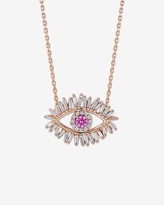 Suzanne Kalan Evil Eye Midi Pink Sapphire Pendant in 18k rose gold Evil Eye Symbol, Pink Sapphire Pendant, White Diamond Necklace, Eye Symbol, Sapphire Pendant, Ancient Symbols, White Diamonds, Pink Sapphire, 18k Rose Gold