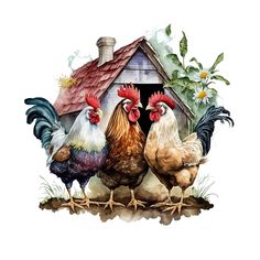 three roosters are standing in front of a small chickenhouse with flowers and grass