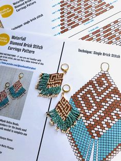 the instructions for beaded earrings are shown on top of a magazine page with pictures of them