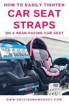 two baby strollers and one infant car seat are on display in a store with the text how to easily fix twisted car seat straps learn how less than one minute