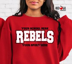 Personalized Rebels School Spirit T-Shirt Crewneck, Hoodie Hooded Sweatshirt Football, Baseball, Basketball, Softball, Track, Volleyball, Cross Country, Cheer, Wrestling Not all colors are available in all sizes and styles.  Please check the color and size charts in photos. We do our best to accurately represent shirt colors by using actual photos but do understand that all monitors will display differently. Please contact us prior to purchase with any questions on sizing or colors. Your purchase includes a custom imprint created specifically for your team! A product proof will be emailed to you within 1 business day.  Please keep an eye on your Etsy messages and reply with any changes within 24 hours. Your order will be sent to production after that time if no response is received. Excess Red School Spirit T-shirt With Team Logo, Customizable School Spirit Red T-shirt, Red School Spirit T-shirt For Cheerleading, Red Sweatshirt For Sports Fan Merchandise, Red School Spirit T-shirt With Screen Print, Represent Shirt, Cross Country, School Spirit, Cheerleading