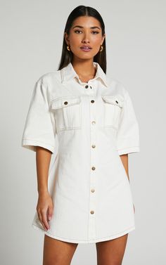 Leilani Mini Dress - Denim Short Sleeve Button Up Dress in ECRU | Showpo USA White Short Sleeve Shirt Dress With Relaxed Fit, Casual Short Sleeve Shirt Dress With Buttoned Pockets, Collared Cotton Shirt Dress With Button Closure, Cotton Collared Shirt Dress With Button Closure, Classic Short Sleeve Shirt Dress For Day Out, Relaxed Fit Short Sleeve Denim Dress For Day Out, Relaxed Fit Short Sleeve Denim Dress, Casual Cotton Short Sleeve Shirt Dress, Casual Cotton Shirt Dress With Short Sleeves