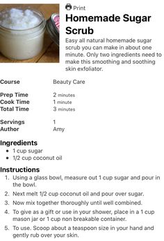 Diy Scrubs Body Sugar, Diy Sugar Scrub Recipe Easy, Body Scrubs Recipes, Sugar Body Scrub Recipe, Easy Diy Body Scrub, Body Scrub Homemade