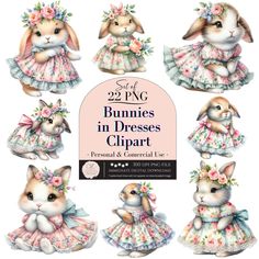 a bunch of bunnies in dresses with flowers on them