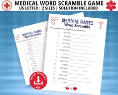 the medical word scramble game is shown in red and white