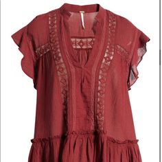 Nwt Free People Large Lovebird Combo Burgundy Baby Blues Tunic. Perfect With Skinny Jeans Or Leggings. Brand New In Plastic. Red Lace Trim Top For Summer, Red Bohemian Tops With Lace Trim, Bohemian Red Tops With Lace Trim, White Tunic Shirt, Denim Corset Top, Floral Print Tunic, Boho Tunic Tops, Ruffled Tunic, Free People Tunic