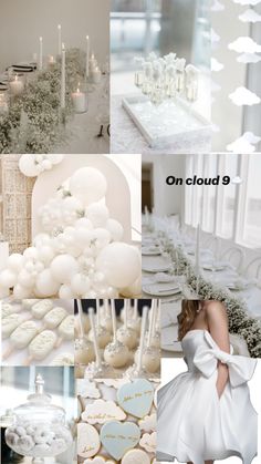 a collage of white and silver wedding decor