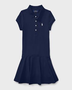 Ralph Lauren Childrenswear knit polo dress with signature embroidered pony at chest.  Spread collar; fourbutton front. Short sleeves. Ribbed trim.  Dropped waist. Fitandflare silhouette. Slipover style. Cotton/spandex. Machine wash. Imported. Fitted Casual Polo Dress, Fitted Casual Polo Dress With Collar, Fitted Casual Polo Dress With Polo Collar, Fitted Preppy Polo Dress For Summer, Preppy Fitted Polo Dress For Summer, Fitted Collared Preppy Polo Dress, Classic Short Sleeve Polo Dress, Fitted Collared Polo Dress In Preppy Style, Classic Polo Dress With Polo Collar