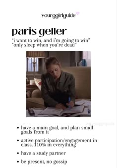 a person sitting at a table with a book in front of them and the words paris geller written on it