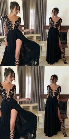 Black Long Sleeve Prom Dress, Prom Dresses Long Black, Black Lace Prom Dress, Split Prom Dresses, Princess Prom Dresses, Prom Dresses 2018, Prom Dresses 2017, V Neck Prom Dresses, Long Sleeve Prom