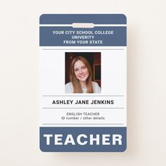 a blue and white id card with a photo of a female student on the front