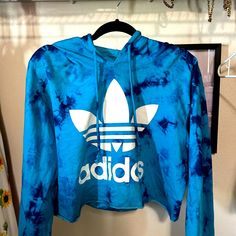 Never Worn Adidas Blue Long Sleeve Tops, Blue Adidas Hoodie, Adidas Crop Hoodie, Adidas Sporty Sweatshirt With Double-lined Hood, Blue Hooded Adidas Sweatshirt, Adidas Hoodie, Blue Adidas, Colorful Hoodies, Adidas Women