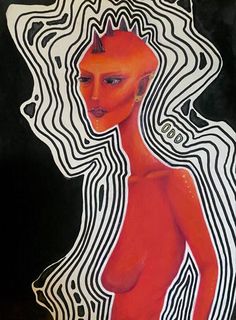 an abstract painting of a woman's body with lines on the back and sides