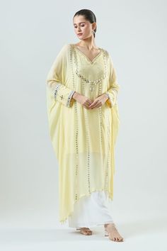 Yellow kaftan with mirror embroidery. Paired with pant and matching inner. - Aza Fashions Yellow Kaftan, Embroidered Kaftan, Mirror Embroidery, Pant For Women, Pants Pattern, Bat Wings, Asymmetric Hem, Aza Fashion, Types Of Sleeves