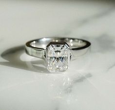 1CT Radiant Cut Bezel Set Solitaire Moissanite Engagement Wide Band Wedding Ring Rectangle Engagement Rings, Thick Band Engagement Ring, Wide Band Wedding Ring, Wide Band Engagement Ring, Bezel Set Wedding Ring, Cushion Cut Wedding Rings, Band Wedding Ring, Bezel Set Engagement Ring, White Sapphire Engagement Ring