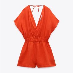 100% Linen Short Jumpsuit Red / Coral 0/8016/500/649/04 Cutout At Lower Back, Tie Neck. Chic Orange Jumpsuits And Rompers For Vacation, Chic Orange Jumpsuit And Romper For Vacation, Chic Orange Beach Jumpsuits And Rompers, Chic Orange Jumpsuits And Rompers For Beach, Chic Red Jumpsuits And Rompers For Summer, Solid Color Beachwear Jumpsuits And Rompers For Summer, Solid Color Summer Beachwear Jumpsuits And Rompers, Summer Orange Overall Jumpsuits And Rompers, Orange Summer Overalls Jumpsuit