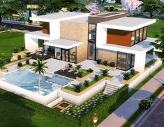 an artist's rendering of a modern house in the middle of a lush green area