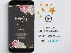 an iphone with flowers and stars on it next to the text,'birthday party '