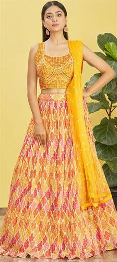 Yellow color Lehenga in Art Silk fabric with Digital Print, Embroidered, Mirror, Sequence, Thread, Zari work Wedding Yellow Choli With Motifs, Yellow Wedding Choli With Motifs, Yellow Silk Lehenga With Intricate Embroidery, Festive Yellow Lehenga With Mirror Work, Semi-stitched Yellow Slub Silk Lehenga, Mirror Work Yellow Lehenga, Yellow Multicolor Lehenga, Wedding Yellow, Reception Lehenga