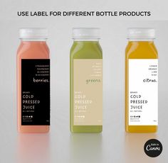 three different types of juices are shown in this ad for the label design firm