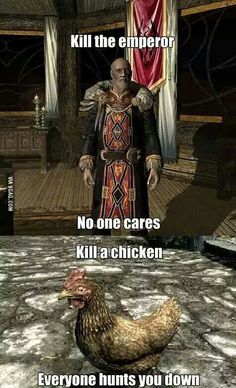 a chicken standing next to a man in a room with red curtains and a sign that says kill the emperor no one cares kill a chicken everyone hunts you down