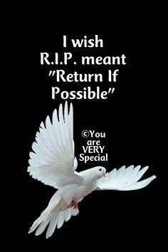 a white dove flying through the air with words above it that say i wish r i p, meant return if possible