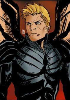 a drawing of a man with blonde hair and black armor standing in front of a red background