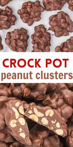 there is a pile of crock pot peanut clusters on the table with text overlay