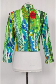 Add some playful flair to any look with this stunning jacket. Made in a vibrant neon hue with a fun abstract print that is one-of-a-kind. Round rhinestone encrusted buttons add a bit of shimmer to the garment. Size 8 Cotton, nylon, spandex blend Collar Round rhinestone buttons Padded shoulders Front pocket slits Long sleeve Abstract print Fully lined Bust 36" Waist 32" Shoulder to hem 19.25" Spring Outerwear With Abstract Print And Long Sleeves, Spring Long Sleeve Outerwear With Abstract Print, Green Printed Spring Outerwear, Green Printed Outerwear For Spring, Fitted Green Floral Print Outerwear, Neon Green Jacket, Green Jacket, Neon Green, Abstract Print