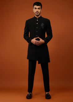 Black Indo-Western Sherwani Set Embroidered In Imported Suiting Fabric Black Indo Western Dress, Western Men Outfits, Sangeet Outfit For Men, Sangeet Dresses, Indian Sangeet, Indo Western Dress For Men