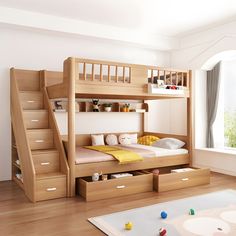 there is a bunk bed with stairs in the room