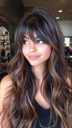 30 Stunning Sunkissed Brunette Hair Ideas To Revamp Your Hair Brown To Color Balayage, Long Fall Hair Color Dark Brown, Dark Brown Honey Hair, Brunette Hair With Dimension Balayage, Brown Hair Bangs Highlights, Fall Brunette Hair Color Balayage Long, Long Dark Brown Hair With Highlights Chocolates Caramel Balayage, Bright Caramel Balayage, Fall Hair Trends 2024 Cuts