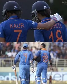 two men in blue uniforms standing next to each other with their arms around each other