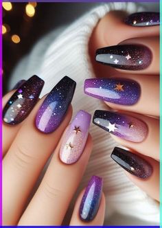 Trendy Nails Designs Dark Purple Ombre Nails, Cosmos Nails, Space Nails Galaxy, Purple Galaxy Nails, Eye Galaxy, Nails Galaxy, Galaxy Nail Art, Galaxy Nails, Ombre Nail Designs