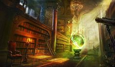 an image of a library with bookshelves and a glowing orb in the middle