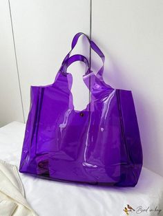 BirdinBag - Letter Print PVC Tote Bag - Spacious and Stylish Purple Handheld Bag With Large Capacity, Large Capacity Handheld Purple Bag, Purple Satchel Shoulder Bag With Large Capacity, Trendy Plastic Satchel Bag, Large Capacity Square Purple Shoulder Bag, Purple Large Capacity Square Shoulder Bag, Large Capacity Purple Bag For Everyday Use, Trendy Large Capacity Purple Bags, Trendy Handheld Purple Bag