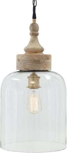 a light that is hanging from a ceiling fixture with a glass dome and wooden handle