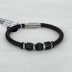 Mens Black Leather Stainless Steel Bracelet By Blackjack Great Quality Length- 8.5 Inch Width - .35 Inch Will Make An Awesome Holiday Gift Black Stainless Steel Business Jewelry, Casual Black Leather Bracelets, Casual Black Leather Strap Bracelet, Black Leather Bracelet Jewelry, Classic Black Braided Bracelets For Everyday, Casual Black Leather Bracelet, Black Leather Bracelet Strap Jewelry, Classic Black Braided Bracelets, Black Leather Jewelry With Black Band