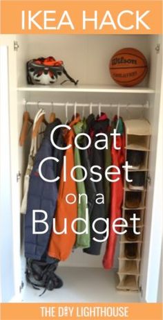 an open closet with coats and shoes hanging on the rack, text reads no coat closet hack