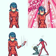 three different pictures of a ladybug character with blue hair and glasses, holding a knife in her right hand