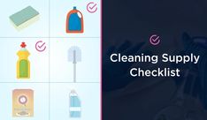 cleaning supplies are shown with the words cleaning supply checklist on it and below them